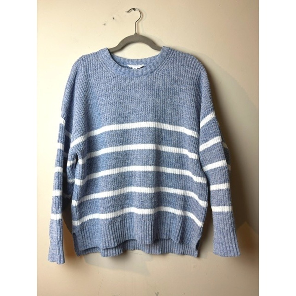 Womens XXL‎ Textured Striped Knit Sweater Pullover Blue White Cozy Lounge Winter
